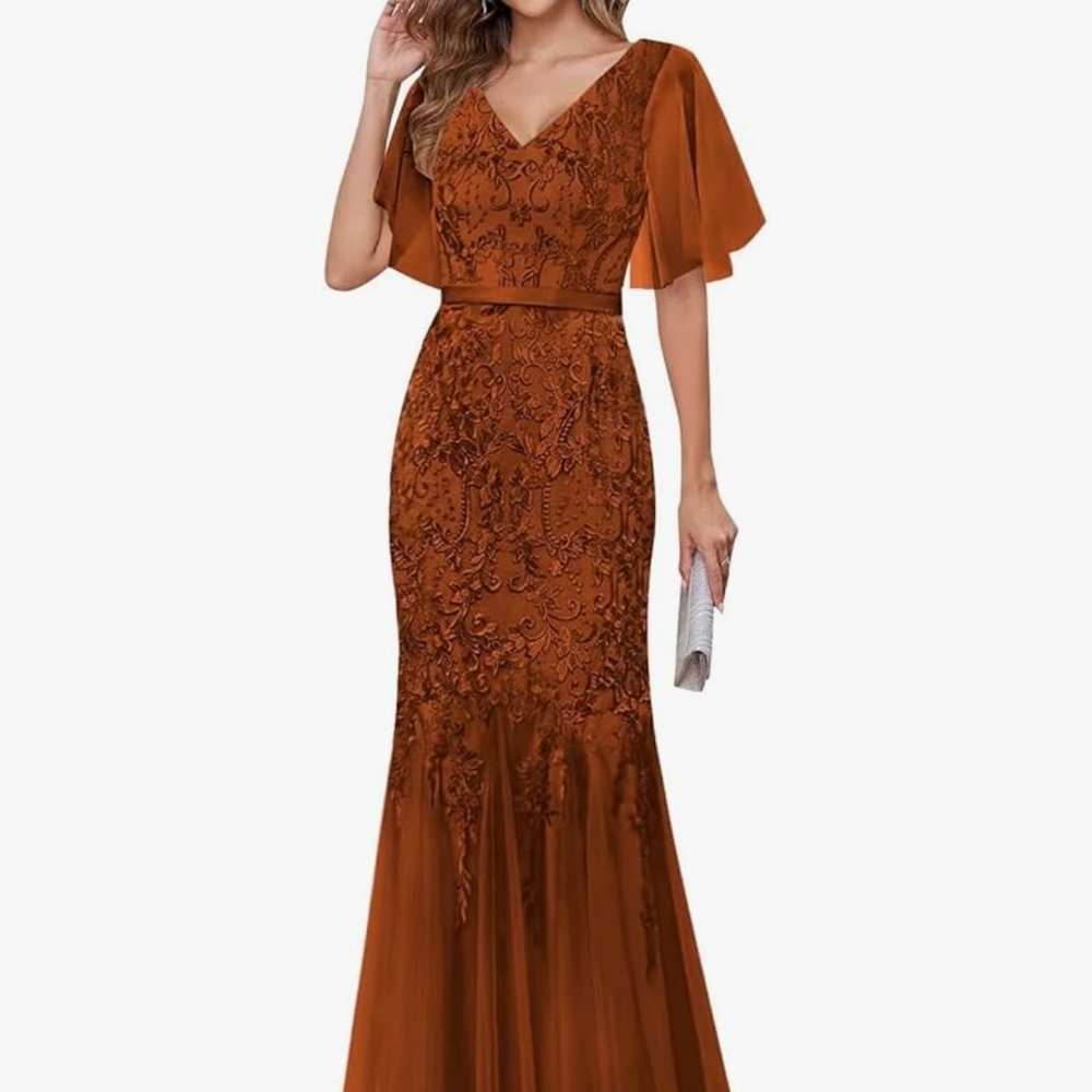 Rust V-Neck Embroidered Bridesmaid Dress Size 16